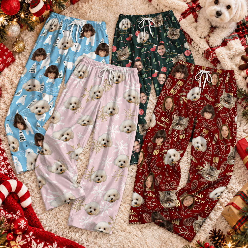 Pantalones de pijama suaves personalizados con fotos de la cara (de 1 a 5) de un muñeco de nieve, Papá Noel y un reno, para uso diario. Regalo de Navidad para niños y la familia. 8