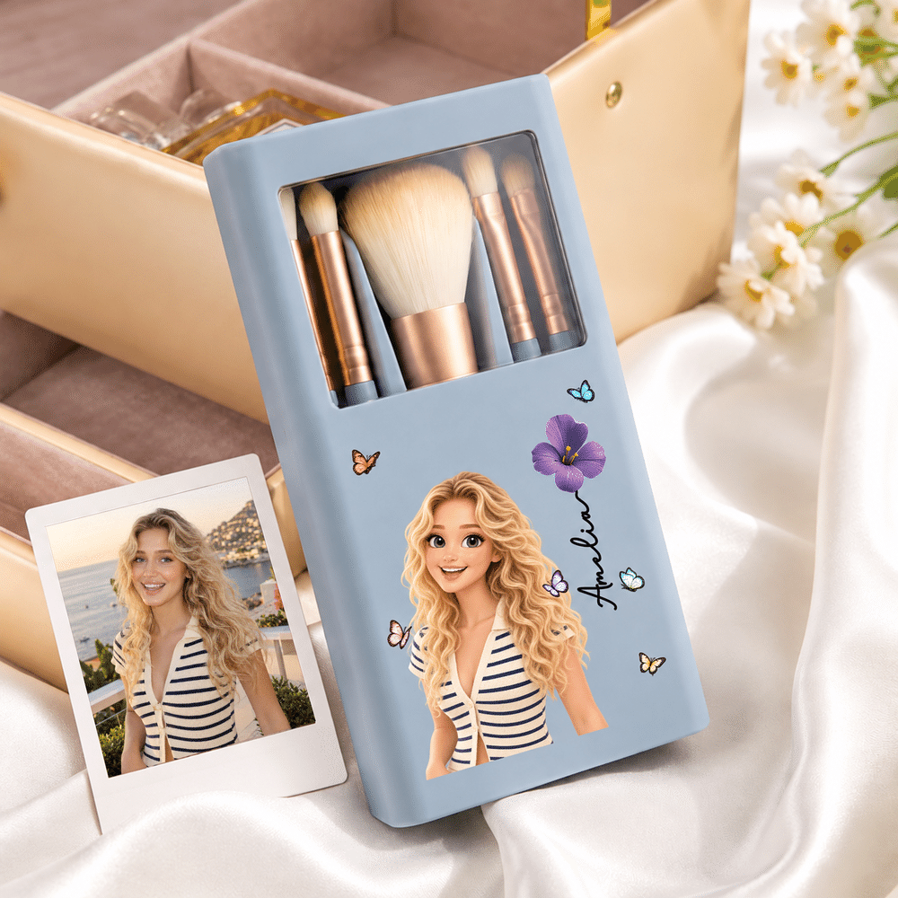 Personalized Birth Flower & Cute Cartoon Photo 5 Pcs Makeup Brush Case Set with Name Birthday Christmas Gift for Girls Women 6