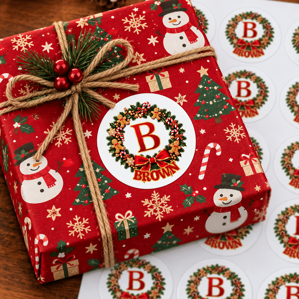 Personalized Christmas Wreath Initial Gift Labels Stickers with Name Holiday Christmas Gift for Family Kids 3