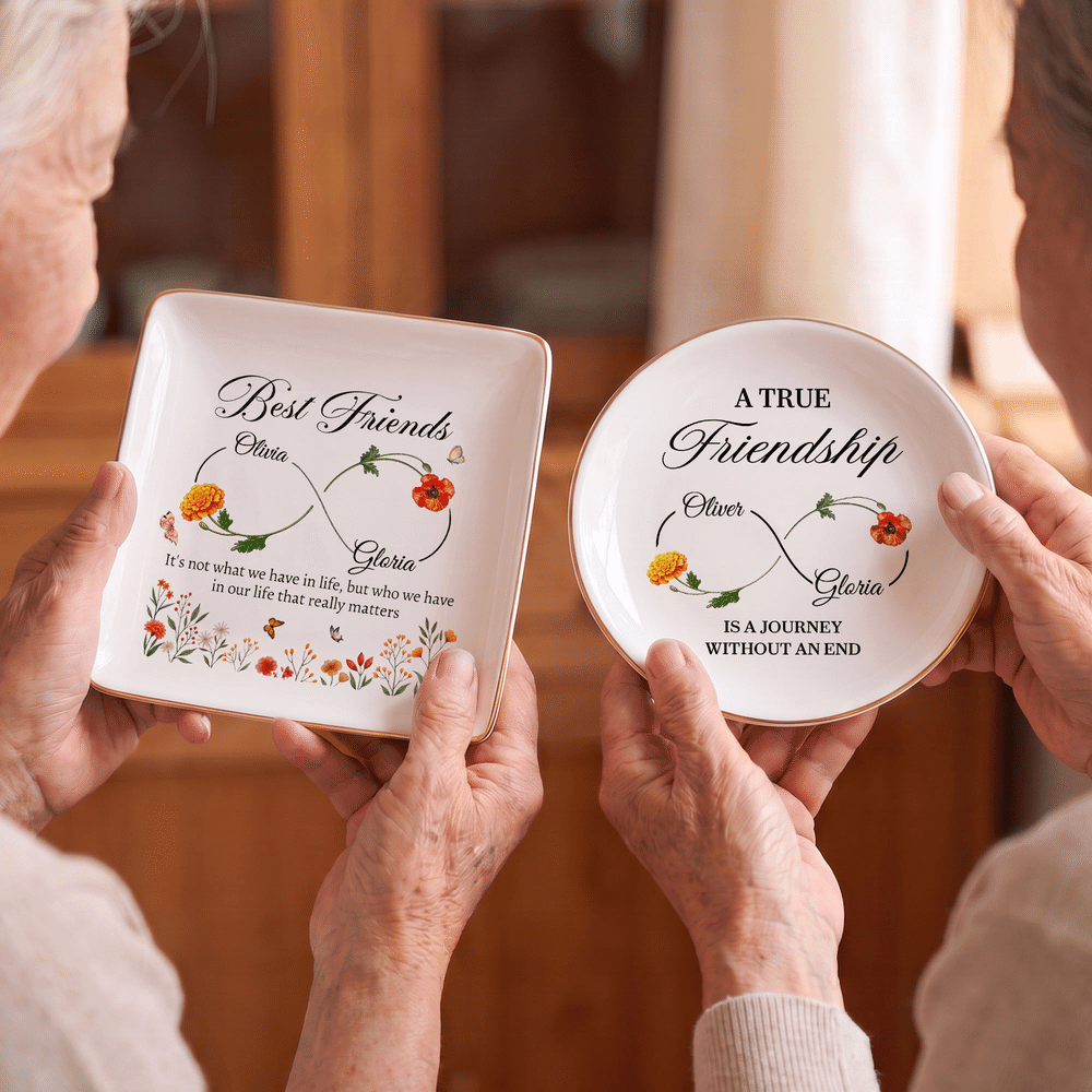 Personalized Best Friend Birth Flower Gold Rim Ceramic Trinket Jewellery Dish with 2 Names Birthday Anniversary Party Gift for Sisters Friends 4