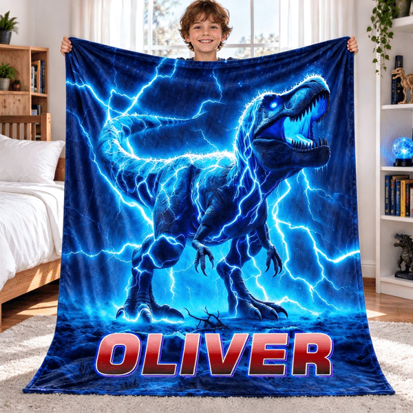 Personalisierte, weiche, warme, mehrfarbige „Lightning“-Dinosaurier-Decke mit Namen – für den täglichen Gebrauch, als Geburtstags- oder Weihnachtsgeschenk für Jungen und Mädchen, die Dinosaurier lieben