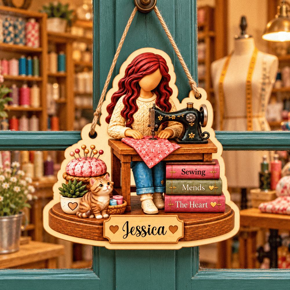 Personalized Cartoon Sewing Girl Character Wood Ornament with Name Tree Decor Christmas Gift for Sewing Lover Woman 6