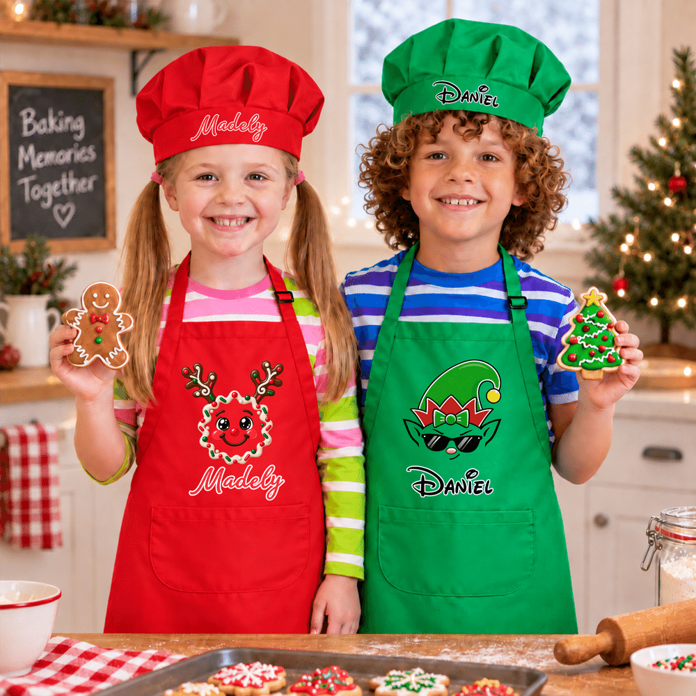 Personalized Christmas Theme Facial Expression Kid Baking Apron Chef Hat Set with Name and Pocket Kitchen Accessory Daily Use Christmas Gift for Kid 6