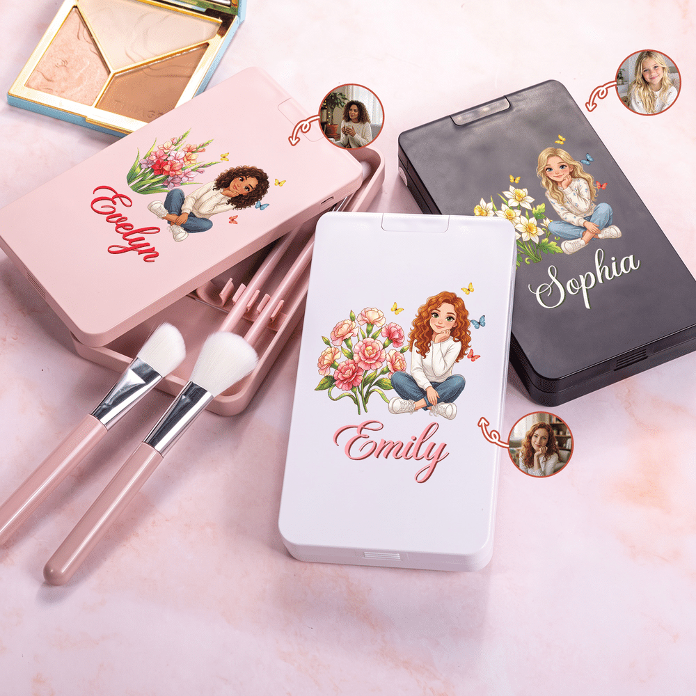 Personalized Birth Flower Butterfly 3D-Effect Artwork Cartoon Character Photo Makeup Brush Set with Name and LED Mirror Birthday Gift for Women 2