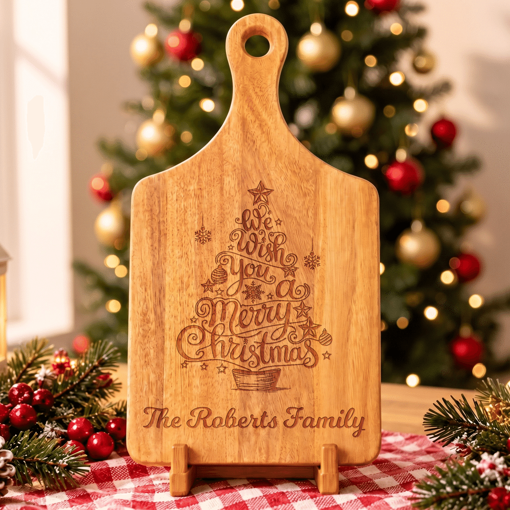 Personalized Christmas Tree Design Reversible Wooden Charcuterie Cutting Board with Handle and Text Housewarming Christmas Gift for Family Friends 1