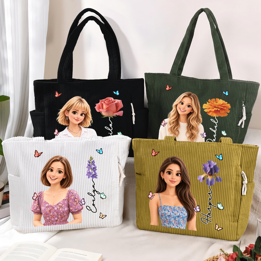 Personalized 3D-Effect Artwork Cartoon Photo Birth Flower Corduroy Tote Bag with Name Daily Use Travel Birthday Gift for Women Friends 2