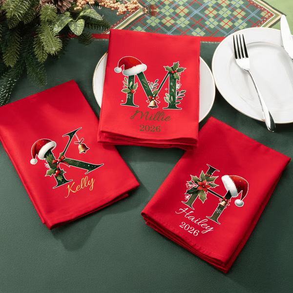 Servilleta personalizada con nombre e iniciales en 100% algodón reutilizable decoración de mesa regalo de Navidad para familia