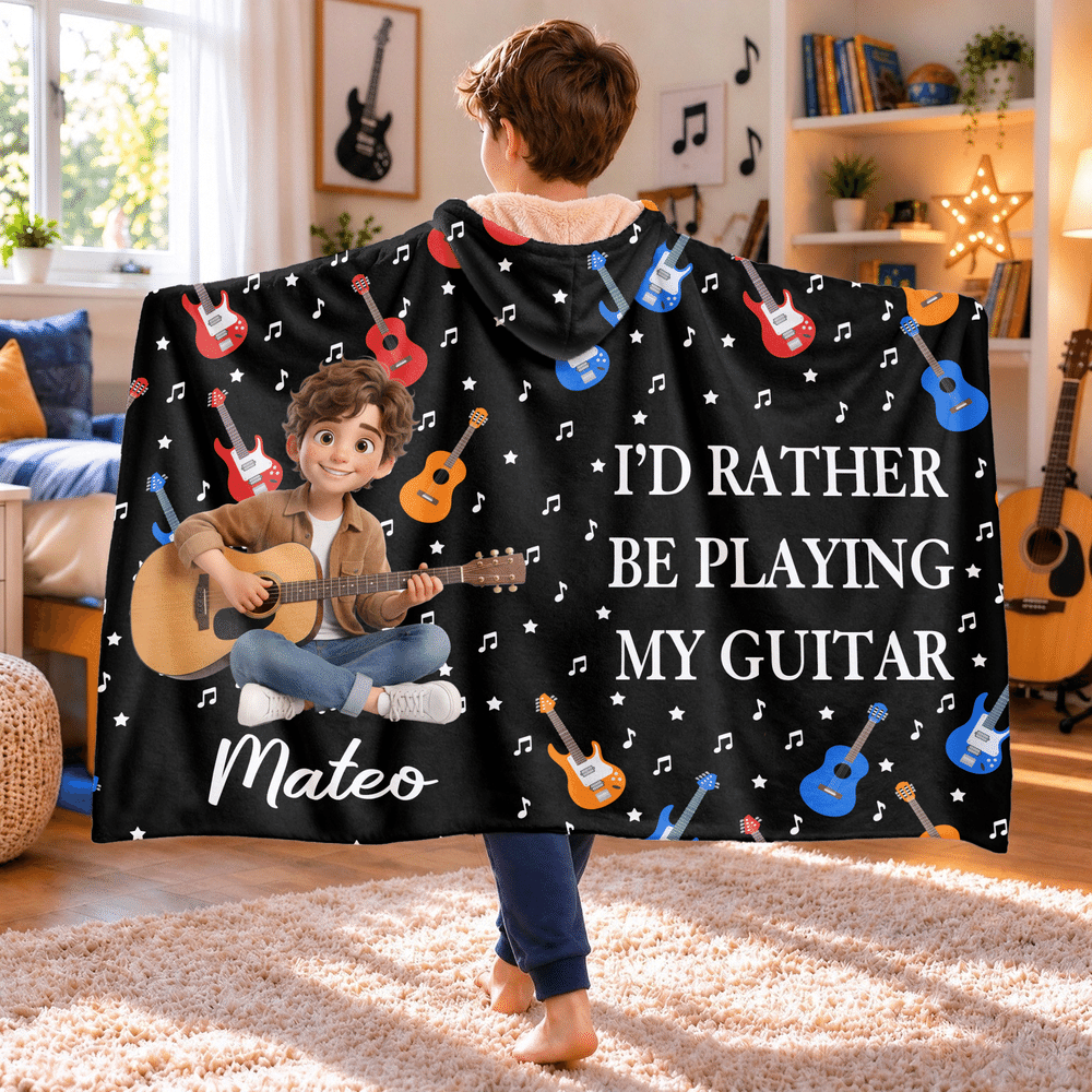 Personalized 3D-Style Art Cartoon Guitarist Photo Soft Hooded Blanket with Name Birthday Christmas Gift for Guitarist Music Lover 2