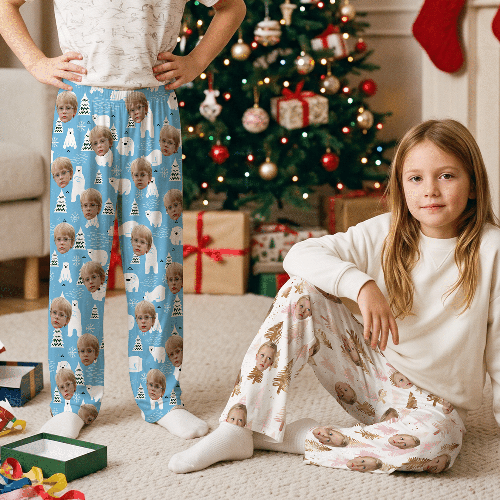 Pantalones de pijama suaves personalizados con fotos de la cara (de 1 a 5) de un muñeco de nieve, Papá Noel y un reno, para uso diario. Regalo de Navidad para niños y la familia. 6