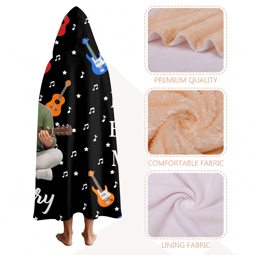 Personalized 3D-Style Art Cartoon Guitarist Photo Soft Hooded Blanket with Name Birthday Christmas Gift for Guitarist Music Lover 7