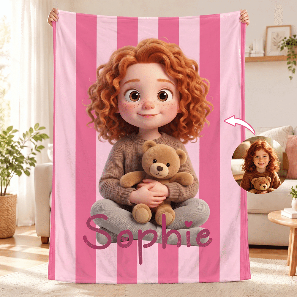 Personalized 3D-Effect Artwork Cartoon Style Kid Photo Soft Throw Blanket with Name Home Decor Christmas Birthday Gift for Kid 1