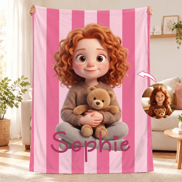 Personalized 3D-Effect Artwork Cartoon Style Kid Photo Soft Throw Blanket with Name Home Decor Christmas Birthday Gift for Kid