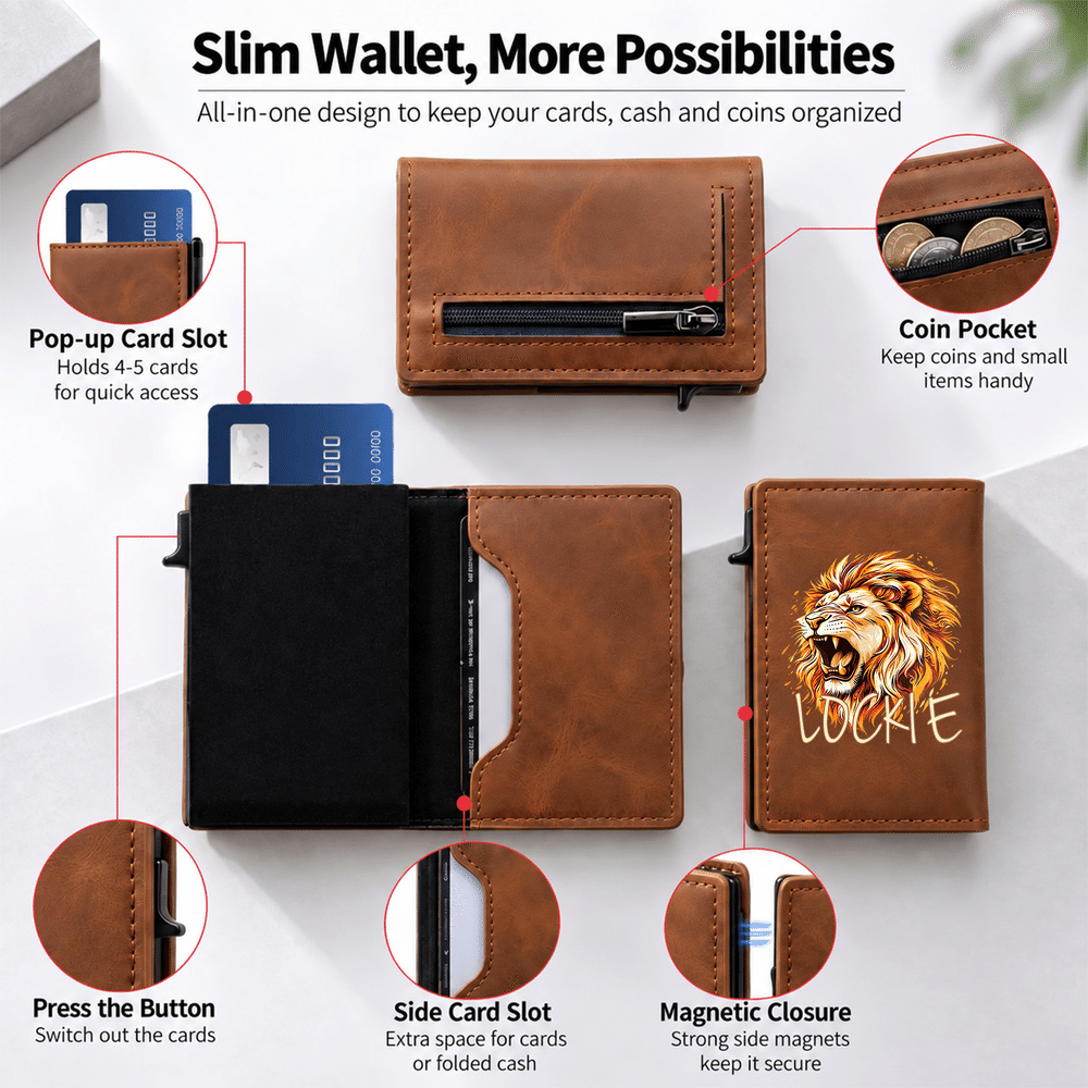 Personalized 3D-Effect Artwork Lion PU Leather RFID Blocking Pop Up Wallet with Name and Gift Box Business Trip Christmas Gift for Man 8