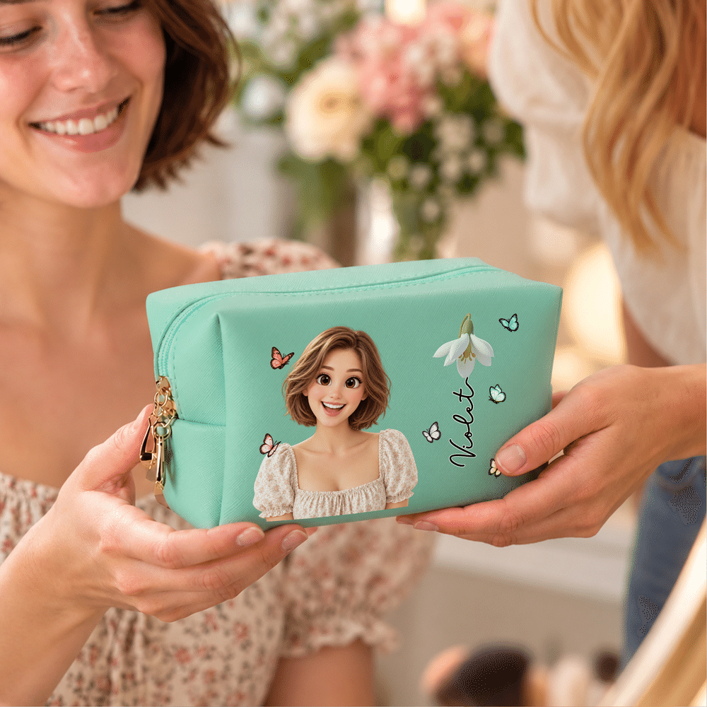 Personalised Birth Flower & Cute Cartoon Photo PU Leather Makeup Bag with Name Daily Use Birthday Christmas Gift for Women 4