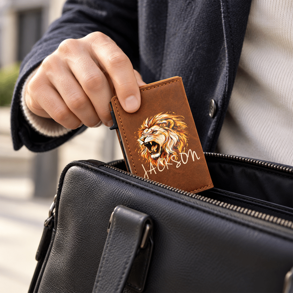 Personalized 3D-Effect Artwork Lion PU Leather RFID Blocking Pop Up Wallet with Name and Gift Box Business Trip Christmas Gift for Man 6