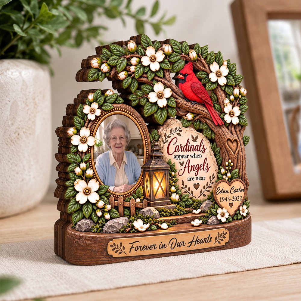 Personalised 3D-Effect Artwork Red Cardinal Tree Photo Layered Wooden Decoration with Year and Text Sympathy Memorial Gift for Family 5