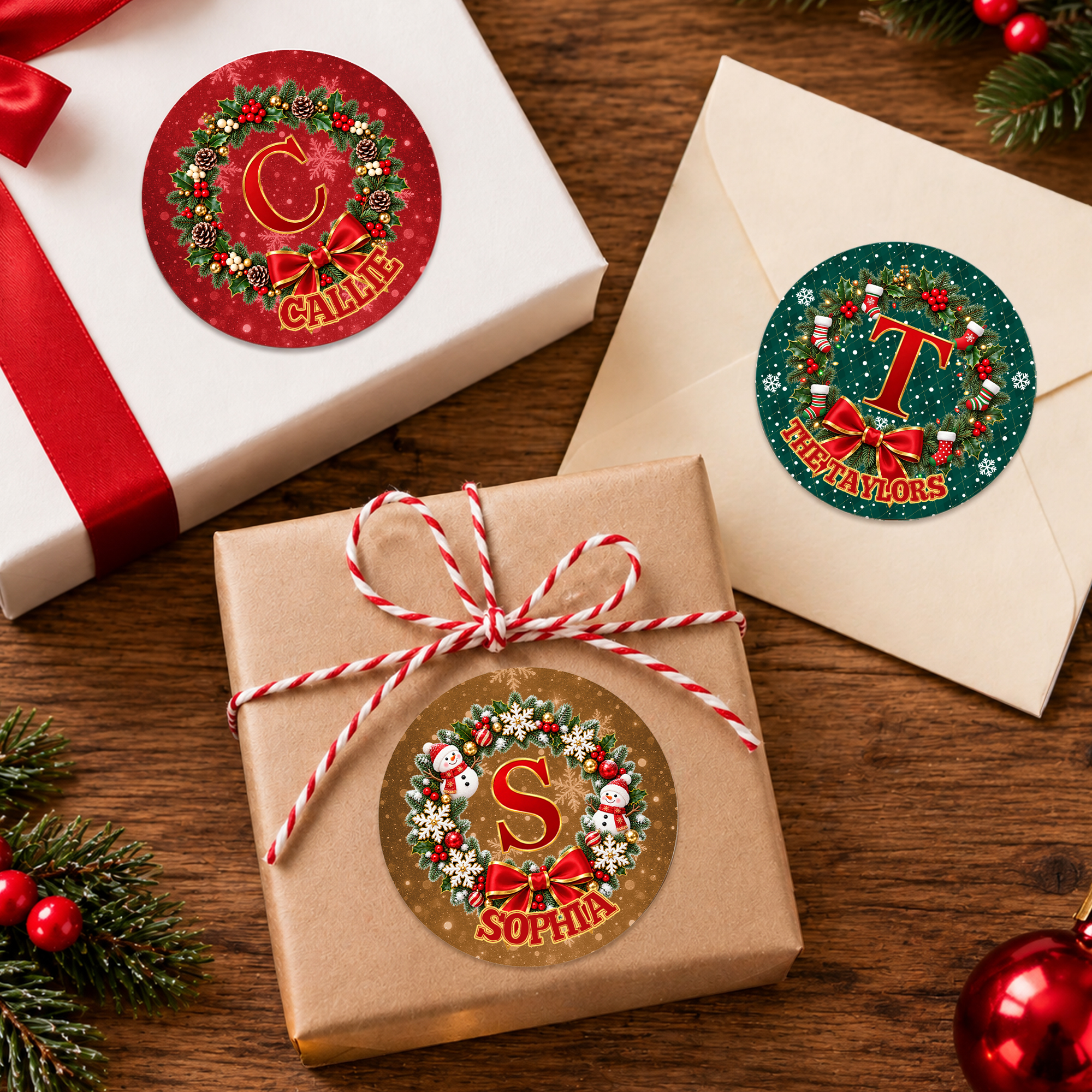 Personalized Christmas Wreath Initial Gift Labels Stickers with Name Holiday Christmas Gift for Family Kids