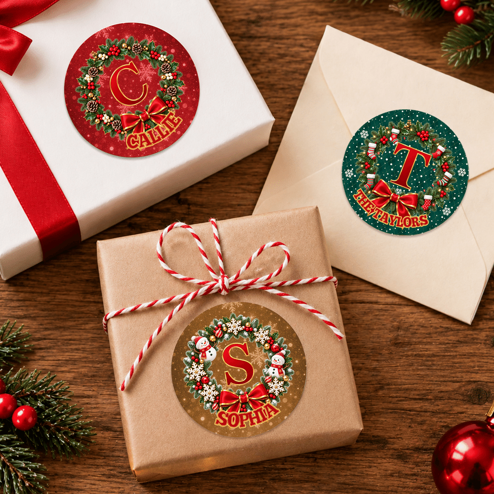 Personalized Christmas Wreath Initial Gift Labels Stickers with Name Holiday Christmas Gift for Family Kids 1