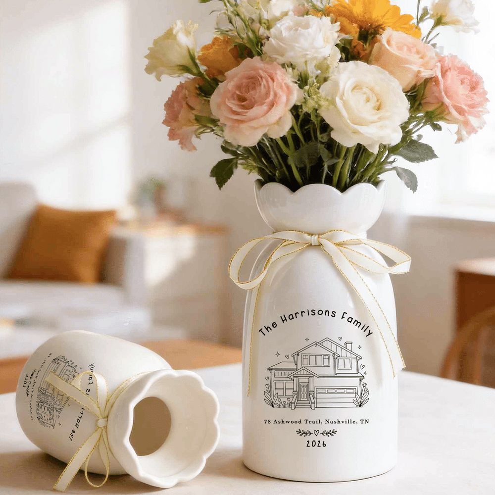 Personalised Simple Line Drawing Style House Photo Ceramic Vase with Title Text and Year  Housewarming Gift for Newlywed Couple Family 3