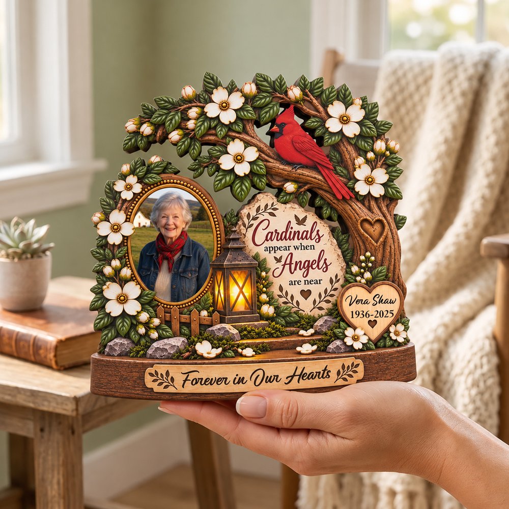 Personalised 3D-Effect Artwork Red Cardinal Tree Photo Layered Wooden Decoration with Year and Text Sympathy Memorial Gift for Family 7