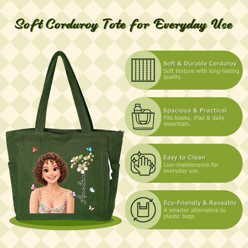 Personalized 3D-Effect Artwork Cartoon Photo Birth Flower Corduroy Tote Bag with Name Daily Use Travel Birthday Gift for Women Friends 13
