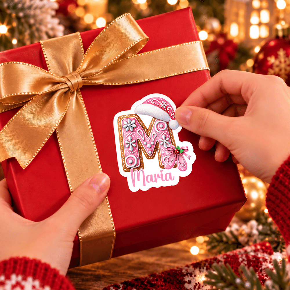 Personalised 3D-Effect Artwork Snowflake Santa Hat Christmas Initial Stickers with Name Christmas Gift for Kids Family 4