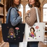 Borsa tote in velluto a coste personalizzata, con fiore di nascita, personaggio che legge e nome - Regalo di compleanno per amanti di libri