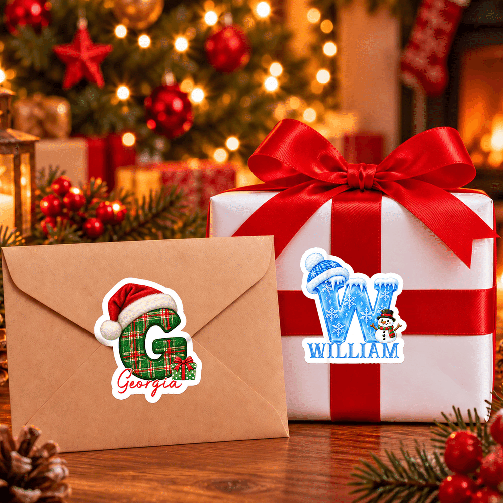 Personalised 3D-Effect Artwork Snowflake Santa Hat Christmas Initial Stickers with Name Christmas Gift for Kids Family 7