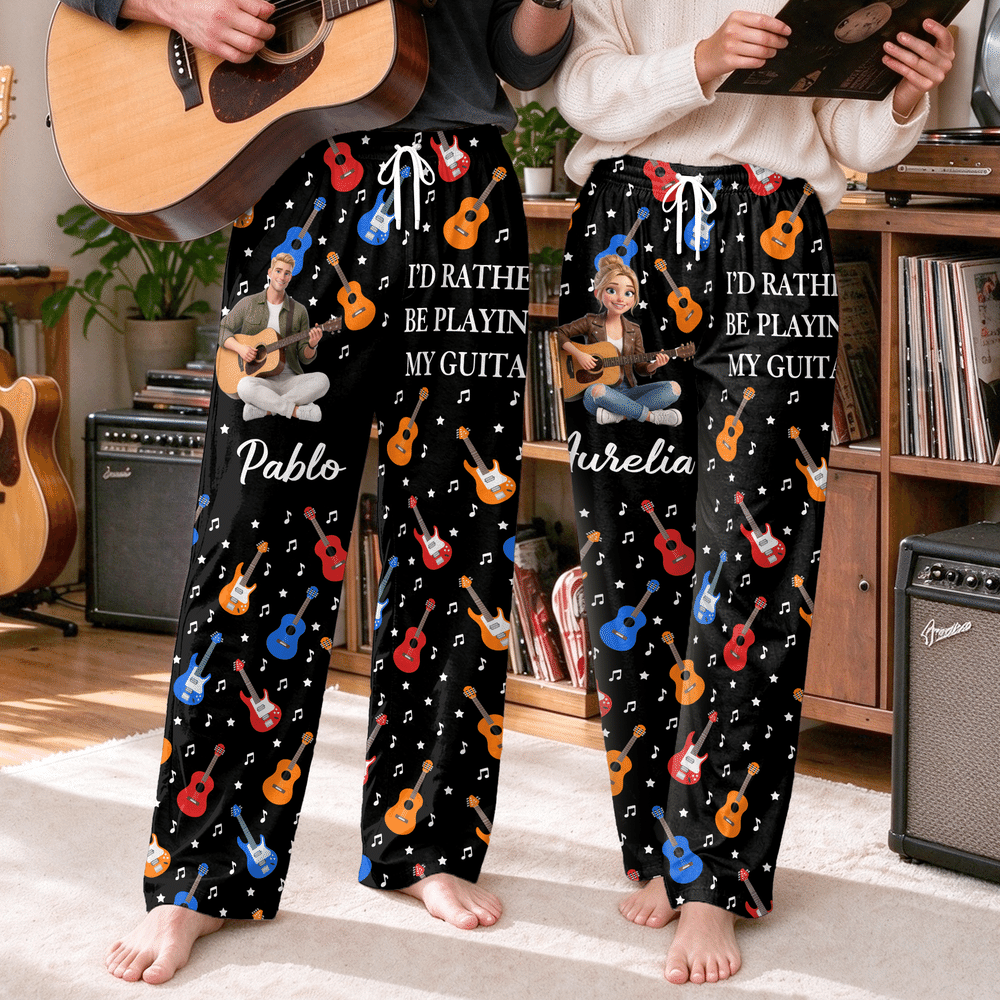 Personalised Guitar Theme Musical Note Cartoon Photo Character Soft Drawstring Pyjama Pants with Name Daily Wear Birthday Gift for Guitarist 4