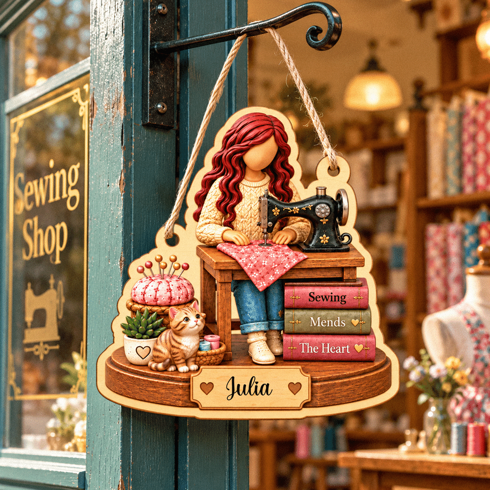 Personalized Cartoon Sewing Girl Character Wood Ornament with Name Tree Decor Christmas Gift for Sewing Lover Woman 3