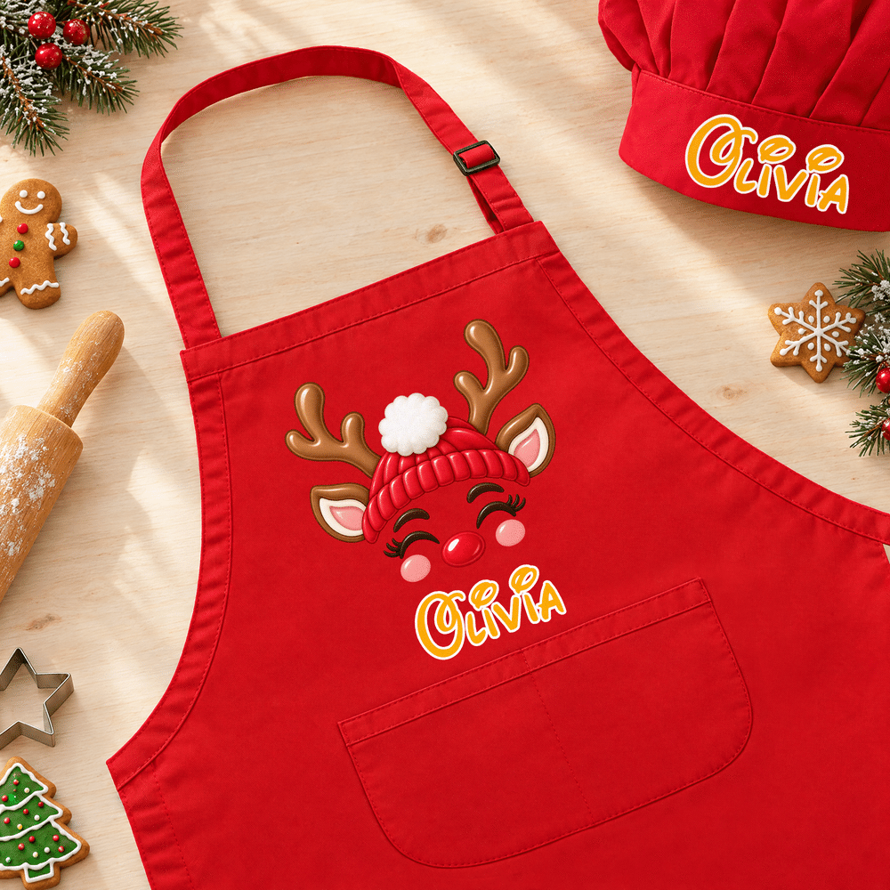 Personalized Christmas Theme Facial Expression Kid Baking Apron Chef Hat Set with Name and Pocket Kitchen Accessory Daily Use Christmas Gift for Kid 2