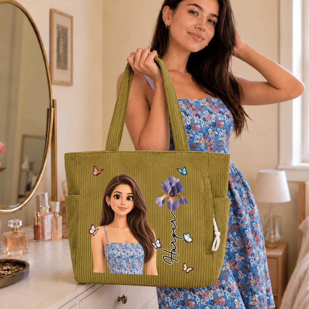 Personalized 3D-Effect Artwork Cartoon Photo Birth Flower Corduroy Tote Bag with Name Daily Use Travel Birthday Gift for Women Friends 8