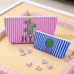 Personalized Imitation Embroidery Style Mahjong Theme Striped Zipper Pouch with Initials Mahjong Game Night Birthday Gift for Mahjong Enthusiast 1