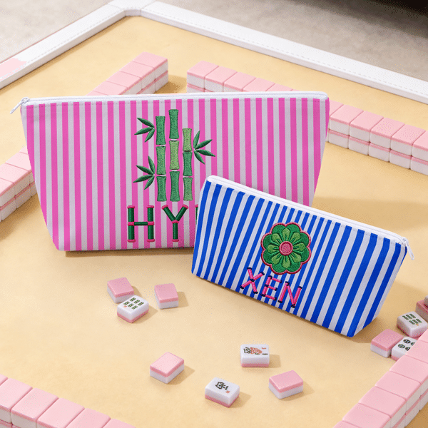Personalized Imitation Embroidery Style Mahjong Theme Striped Zipper Pouch with Initials Mahjong Game Night Birthday Gift for Mahjong Enthusiast