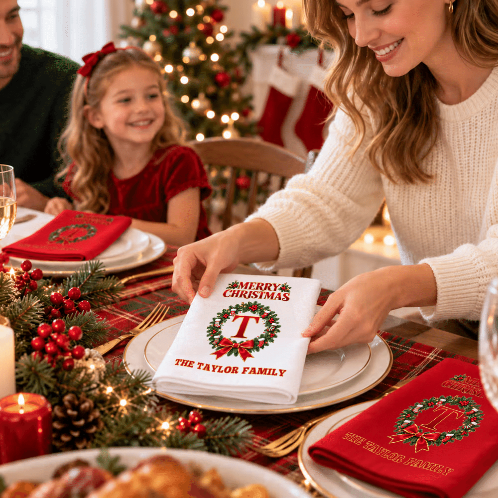 Personalized Christmas Wreath Initial 100% Cotton Christmas Napkin with Text Table Decor Christmas Party Gift for Family Friends 4