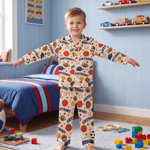 Personalised Faux Quilted Style Sports Ball Pattern Kid Pyjama Set with Name Birthday Christmas Gift for Kids Boys