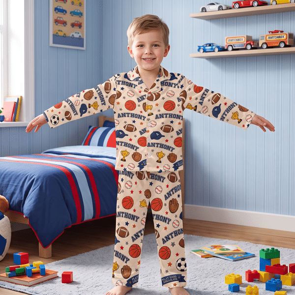 Conjunto de pijama infantil personalizado con diseño de pelotas deportivas y estilo acolchado, con nombre; regalo de cumpleaños y Navidad para niños