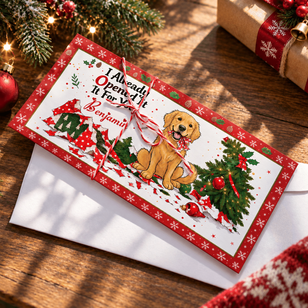 Personalized I Already Opened It For You Christmas Pet Photo Money Holder Card Wallet with Name and Envelope Christmas Party Gift for Family Kids 3
