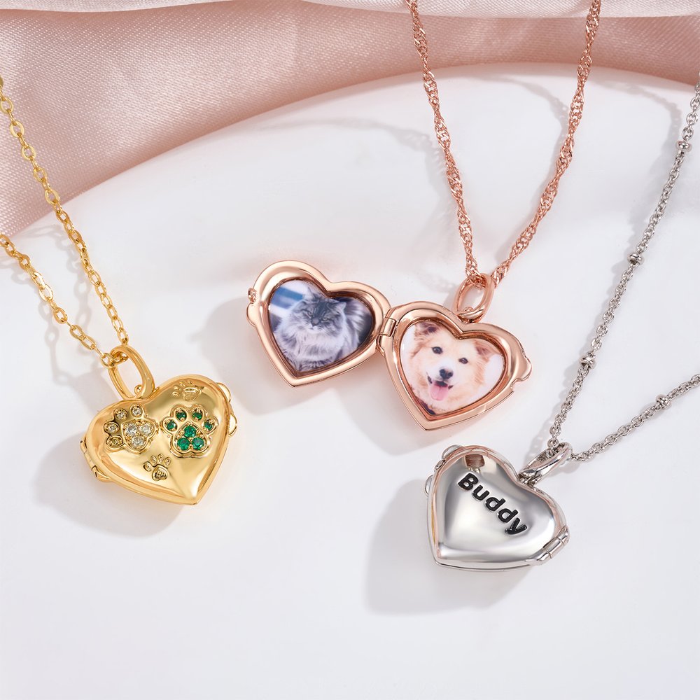 Collar con medallón de plata de ley en forma de corazón con foto de la mascota, huella y piedra natal; joya delicada con texto; regalo conmemorativo para propietarios de mascotas y familiares 1