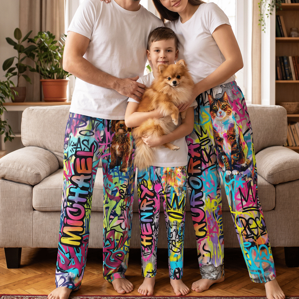 Personalized Graffiti Pet Portrait Elastic Pajama Pants with Photo and Name Birthday Christmas Gift for Pet Owners Graffiti Lovers 1
