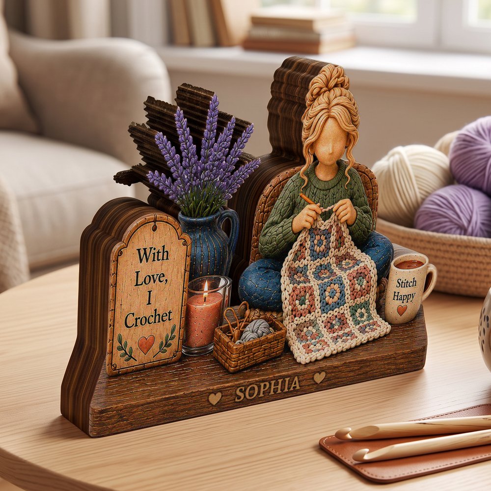 Personalised 3D-Effect Art Crochet Girl Wooden Ornament with Name Shelf Sitter Table Decor Birthday Anniversary Gift for Crochet Knitting Lovers 6