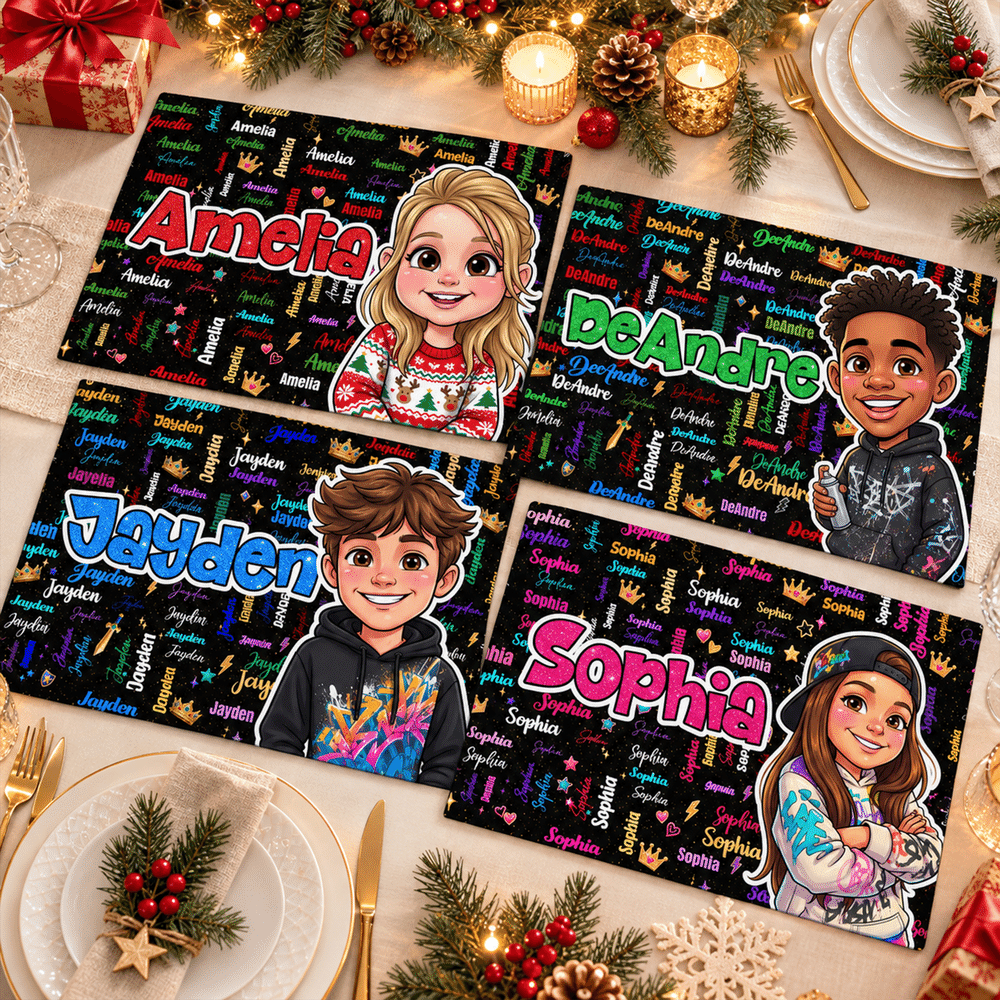 Personalised 3D-Effect Art Comic Style Cartoon Character Photo Placemat with Name Dining Table Decor Christmas Gift for Boys Girls 6