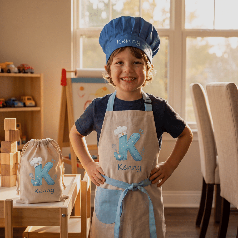 Personalised Baking Themed Whisk Initial Adjustable Apron Chef Hat Storage Bag Set with Name Christmas Holiday Party Gift for Boys Girls 3