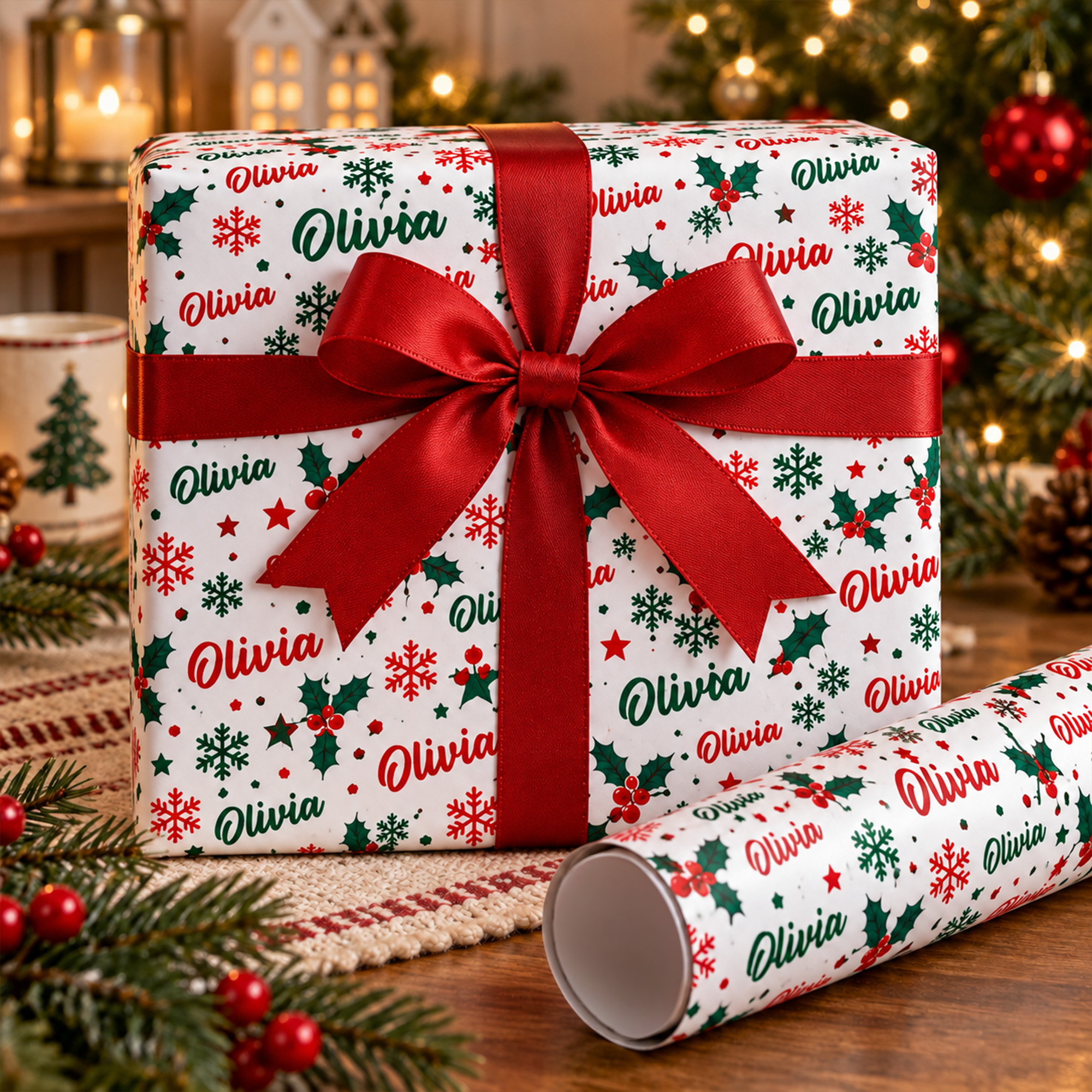 Personalized Christmas Tree Snowflake Holly Wrapping Paper with Name Gift Decor Christmas Party Holiday for Family Friends