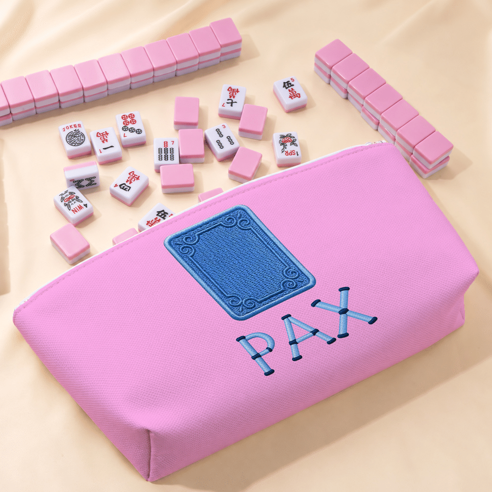 Personalized Imitation Embroidery Style Mahjong Theme Striped Zipper Pouch with Initials Mahjong Game Night Birthday Gift for Mahjong Enthusiast 2