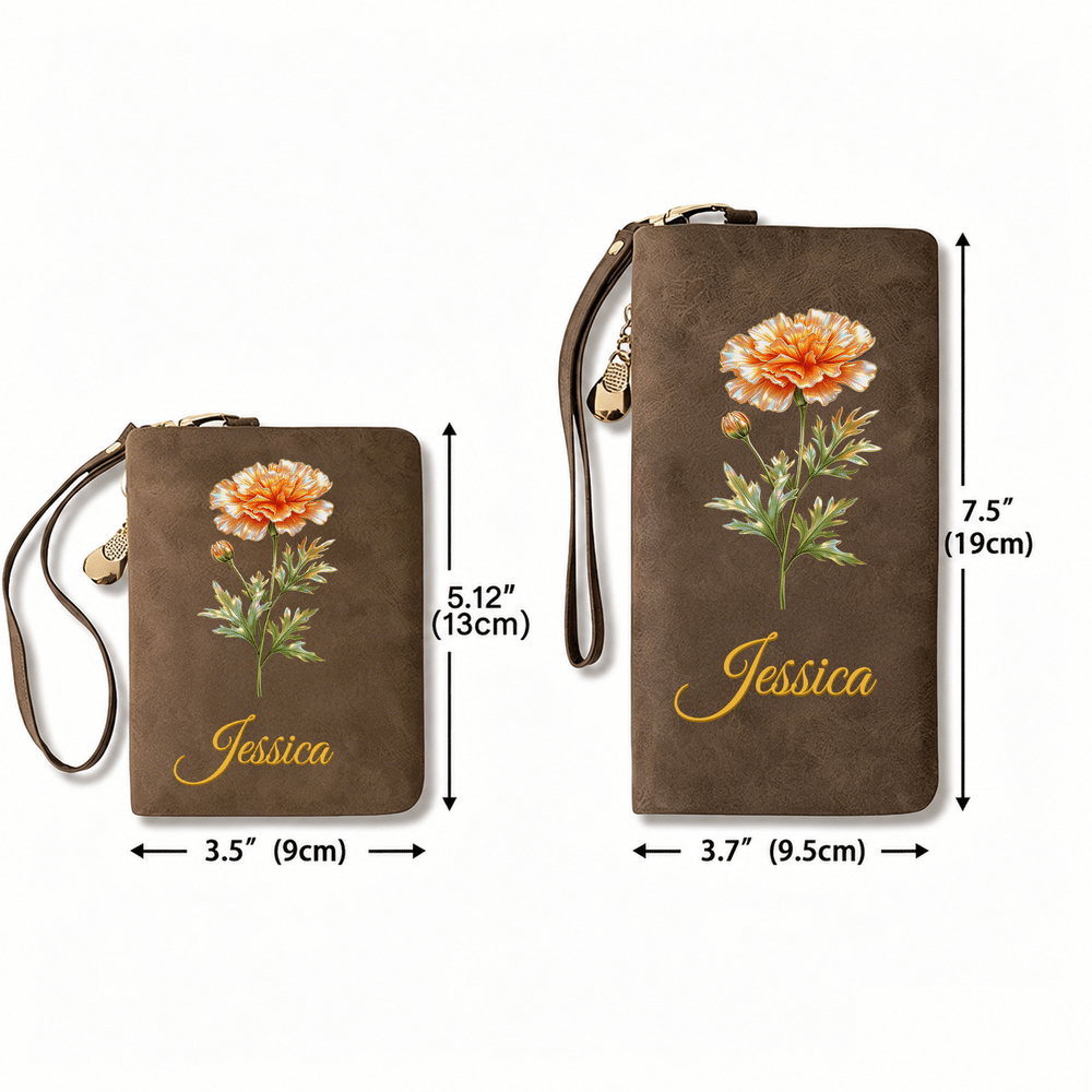 Personalised Birth Flower Portable PU Leather Wallet with Name and Wristlet Travel Birthday Gift for Women Friends 9