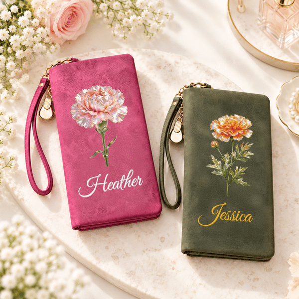 Personalised Birth Flower Portable PU Leather Wallet with Name and Wristlet Travel Birthday Gift for Women Friends