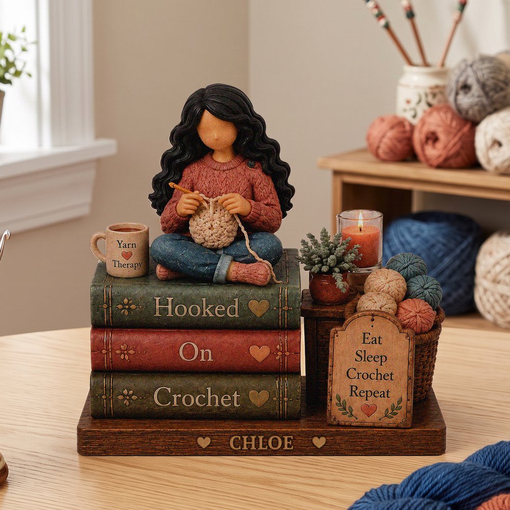 Personalised 3D-Effect Art Crochet Girl Wooden Ornament with Name Shelf Sitter Table Decor Birthday Anniversary Gift for Crochet Knitting Lovers 5