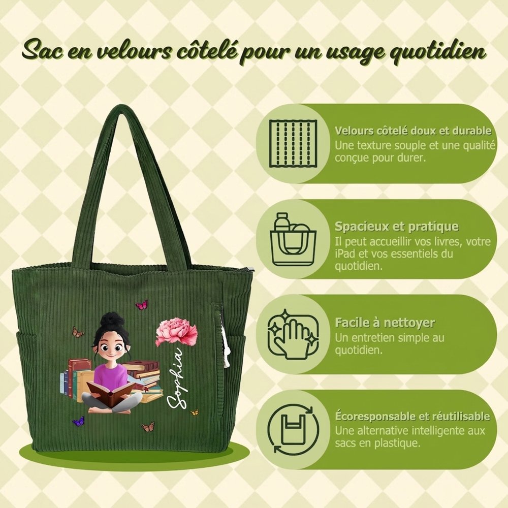 Sac fourre-tout en velours côtelé personnalisé avec nom et fleur de denaissance - Fille cartoon en lecture - Cadeau pour amoureux des livres 8