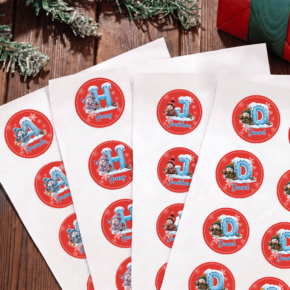 Personalised Cute Snowman Christmas Style Initial Stickers with Name Gift Decor Christmas Gift for Kids 2